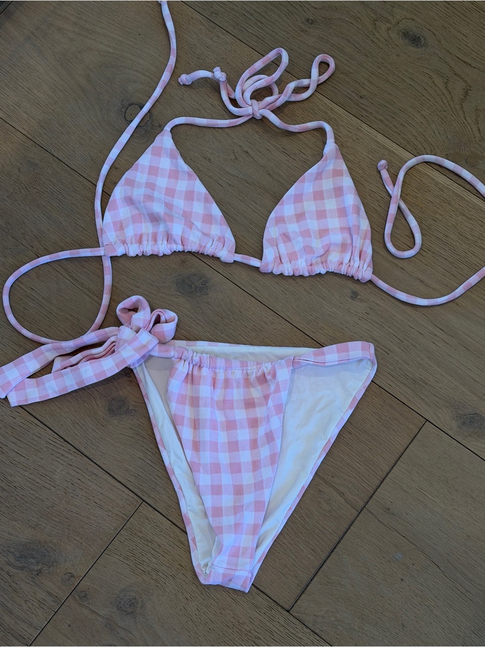 Frankie’s Bikinis Pink Gingham Triangle Bikini Set